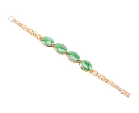 A jade link bracelet, comprising four oval jadeite cabochons in of dark green colour, approximately measuring 13.8 x 9.6 mm s