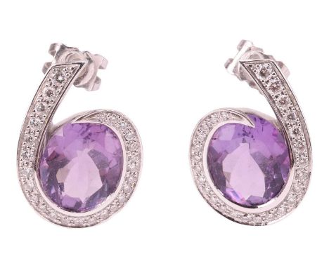Boodles - a pair of Sonata stud earrings set with amethyst and diamond, each composed of an oval-cut amethyst of 10.0 x 9.0 m