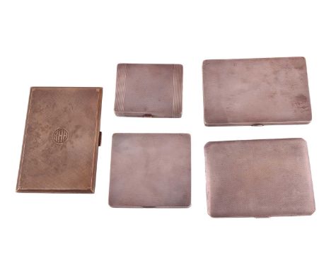 Four silver cigarette cases and a silver powder compact, all with engine-turned decoration, one gilt cigarette case with "RHH