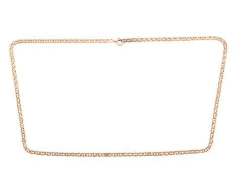 A fancy link necklace, consisting of flat curb links completed with a spring-ring clasp, unmarked yellow metal testing as 14c
