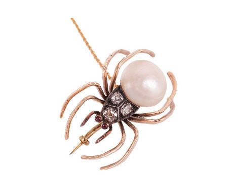 A ruby, diamond and pearl spider brooch, the abdomen set with a 12.2mm creamy white bouton pearl, the body claw-set with thre