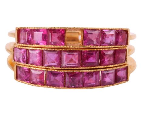 A ruby-set Harem ring, comprising three flat bands adjoined at the base, each channel-set with a row of square table-cut rubi