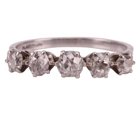 An old-cut diamond half-hoop ring, composed of five graduated old-cut diamonds in individual claw settings, with an estimated