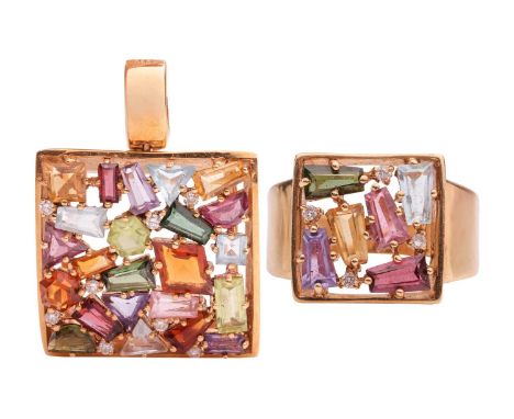A gem-set ring and matching pendant, of mid-century style, each featuring an array of gemstones including diamond, citrine, t