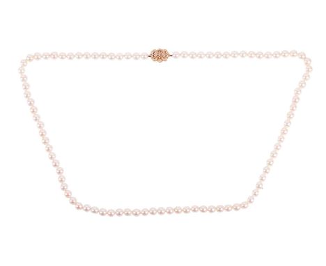 A long cultured pearl necklace with diamond-set clasp, the uniform-size round pearls each measure 9.0 mm and terminate with a