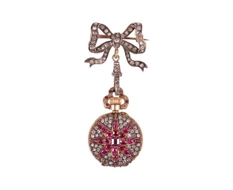 An open-face fob watch set with diamond and ruby, with a keyless Swiss bar movement in a yellow metal case measuring 24.0 mm,