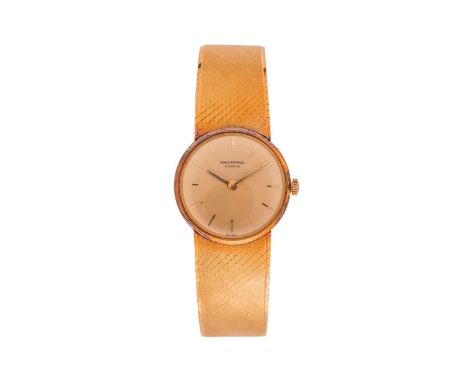 Universal GeneveAn 18 Carat Ladies Wristwatch Year: 1960sCase Material: 18 Carat Gold Case Diameter: 25mmDial: GiltNumerals: 