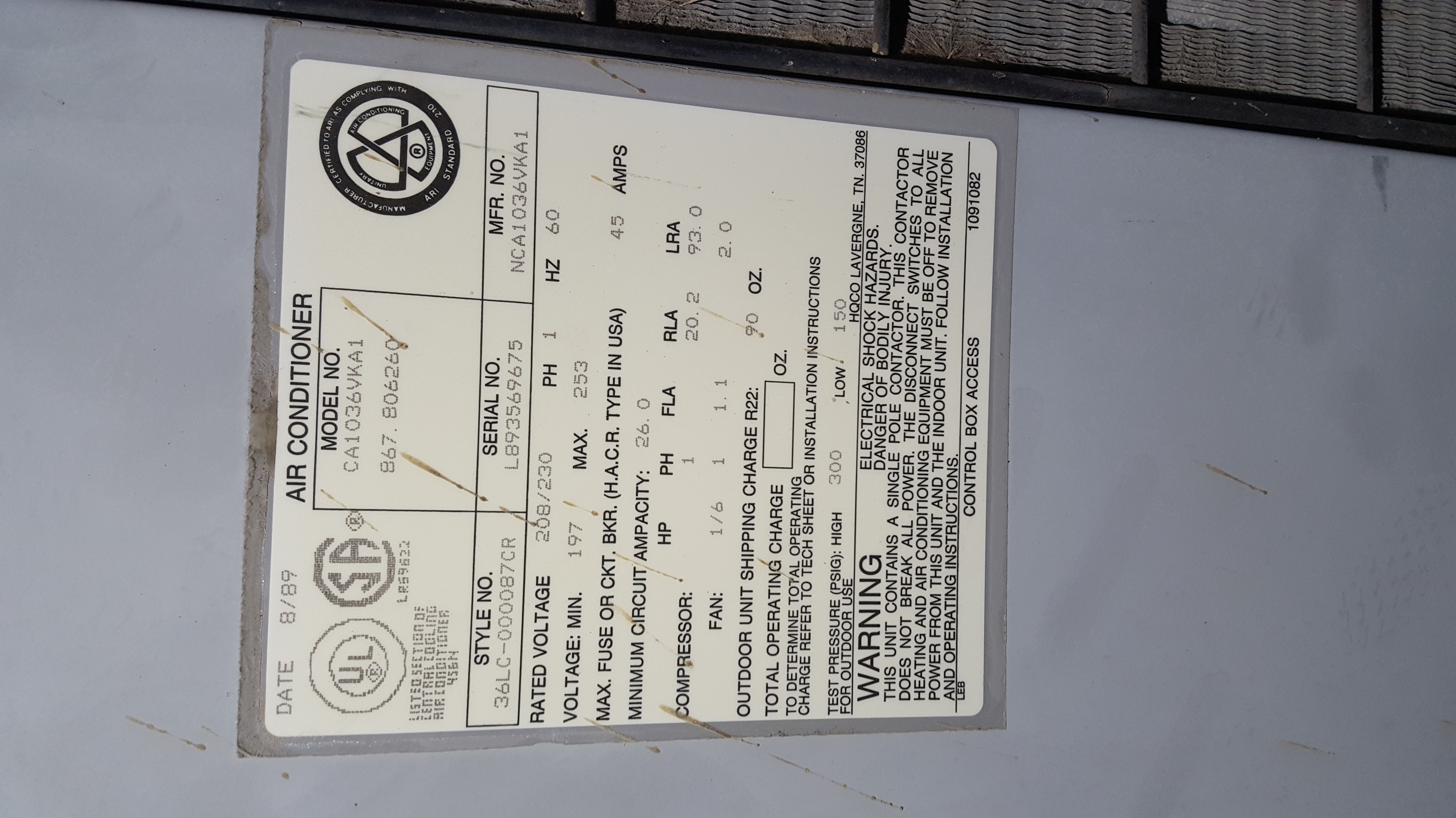 Tempstar Air Conditioning, Model CA1036VKA1, S/N L893569675(Located in