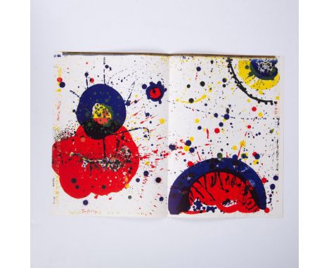 A two-page spread lithograph on BFK Rives paper by artist Sam Francis, with poems by Walasse Ting on verso. Pulled from renow