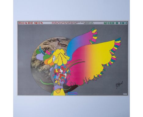 A stunning vintage color lithograph poster by Peter Max, from his Cosmic Art period, celebrating the Moon Landing and capturi