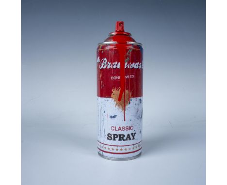 An empty spray can with a silkscreen print resembling the Campbell soup logo by Thierry Guetta, better known as Mr. Brainwash