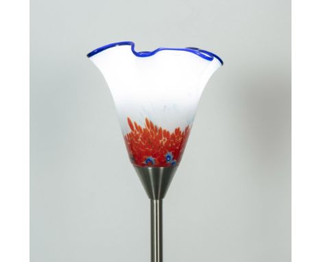 Lovely tall floor lamp with push button floor switch. Lamp comes with hand blown multicolored glass shade. Issued: 21st centu