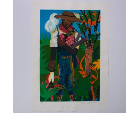 A vibrant original color lithograph on paper entitled The Lantern by American artist Romare Bearden. From the limited Artists