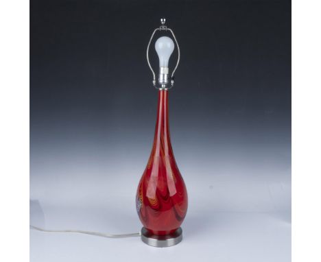 Red tapered millefiori blown art glass set on brushed stainless-steel round base. Twist switch on neck. Harp and finial inclu
