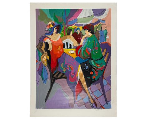 A colorful original lithograph on paper entitled The Corner Cafe by Israeli artist Isaac Maimon. From a rare limited Artists 