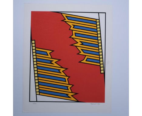 A stunning vintage original silkscreen in color on wove paper entitled Silver Liner by artist Nicholas Krushenick. Hand inscr