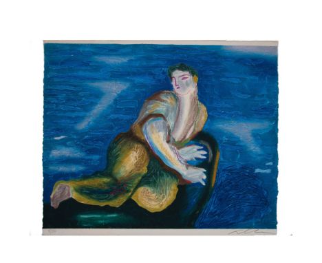 An exquisite carborundum etching with hand coloring on hand made paper by artist Sando Chia, who was a central figure in the 