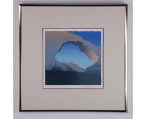 Sandstone Solitude is an original color serigraph on paper by American artist Ron Hoeksema who uses simplified lines and subd