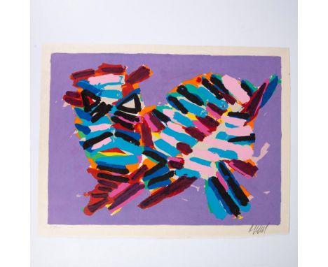 A vibrant and large original lithograph on Japan paper entitled Innocent Cat by Karel Appel, one of the founders of the CoBrA