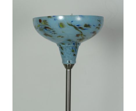 Simple elegant tall floor lamp with floor kick switch and hand blown pale blue glass shade. Issued: 21st centuryDimensions: 6