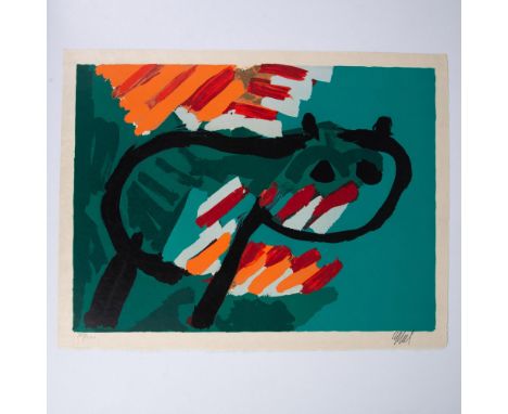 A vibrant and large original lithograph on Japan paper entitled Green Cat by Karel Appel, one of the founders of the CoBrA mo