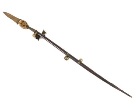 old, rare Tibetan messenger staff - to protect (literally and figuratively) - in wood with brass bells and with a double "cit