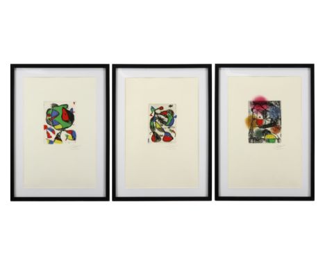 Joan Miro signed triptych "Barb I , II and III " engravings with carburundum in colors (on Emery Arches) dd 1982  with a stam