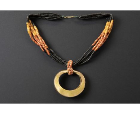 antique Pre Columbian Tairona Culture "nariguera" pendant in gold forms a reconstituted necklace with quartz and jade beads o