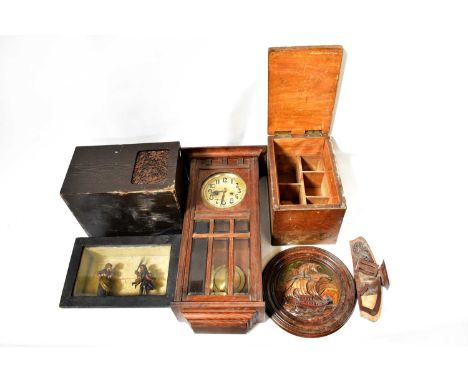 A mid-20th century mahogany cased eight-day wall clock, the gilded dial set with Arabic numerals, length 75cm (af), a mid-20t
