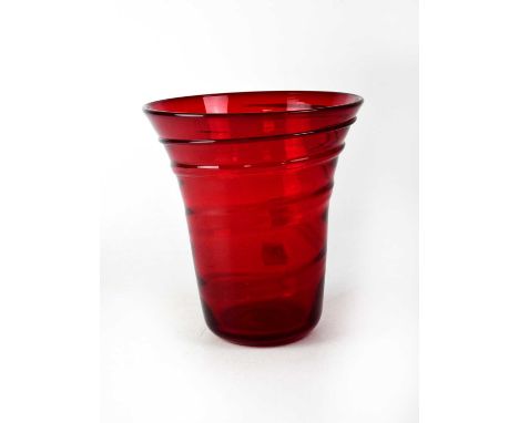 WHITEFRIARS; a ruby red vase with ribbon trail design, by Barnaby Powell, pattern no. 8886, height 20cm.