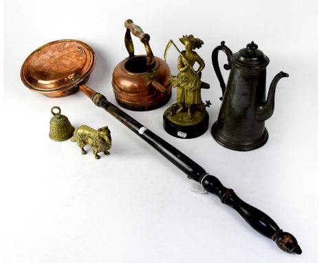 A quantity of mixed metalware to include a Victorian bed warming pan, an ornate metal French photograph frame, copper kettle,
