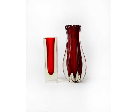 WHITEFRIARS; a ruby red lobed vase designed by Geoffrey Baxter, height 25cm and a ruby red and clear glass cylindrical vase, 