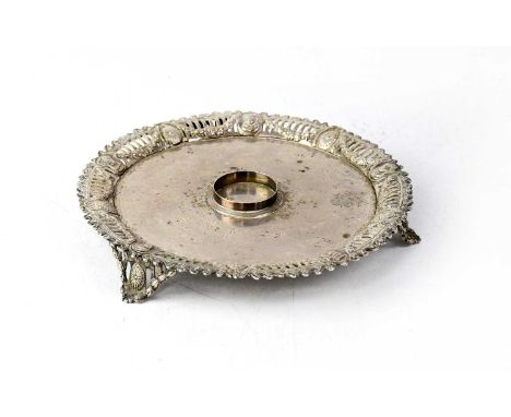 A hallmarked silver presentation tray with central vase or candleholder, pierced border with floral swags and medallions of h