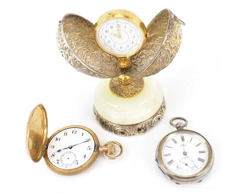 A gold plated full hunter pocket watch, with white enamelled dial (lacking glass and seconds hand), a Kay's 'Triumph' hallmar