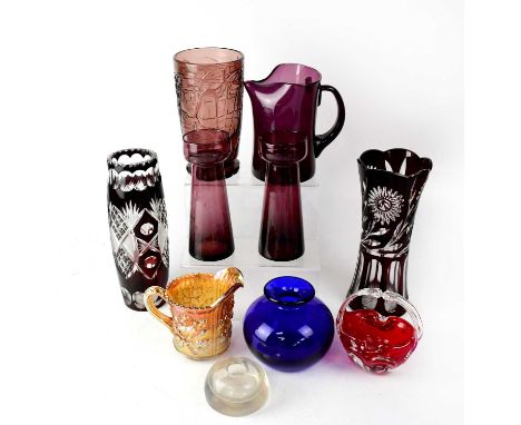 A quantity of early/mid-20th century glassware to include amethyst-coloured glass vases, a Bristol Blue style ovoid vase, a c