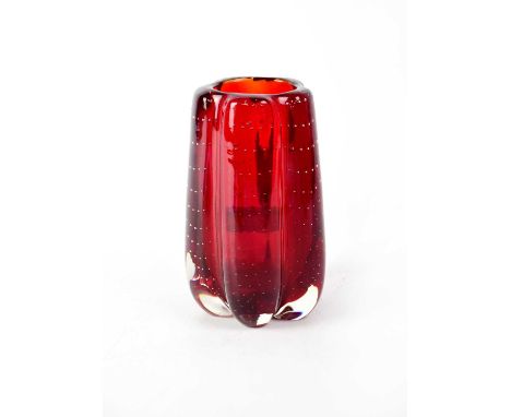 WHITEFRIARS; a circa 1960s ruby glass controlled bubble lobed vase, height 13cm.