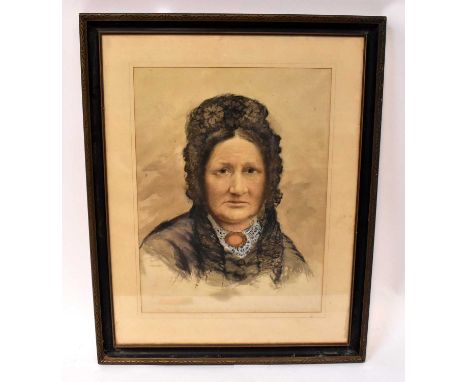 UNATTRIBUTED (British, 19th century); watercolour, head and shoulders portrait of an old lady in black lace cap, 50 x 37.5cm,
