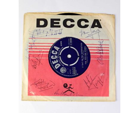 ROLLING STONES; single '(I Can't Get No) Satisfaction' on Decca records, bearing signatures of Brian Jones, Mick Jagger, Keit