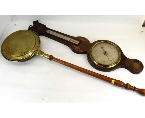 A mid-19th inlaid barometer with silvered circular dial and thermometer, length 96cm (af), together with a brass and wooden-h