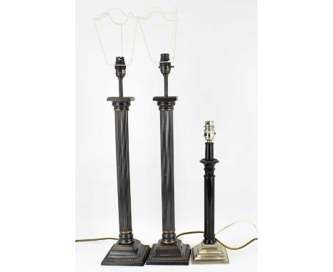 A pair of metal tall Corinthian column table lamps with square base and square shades, height 62cm, together with a single la