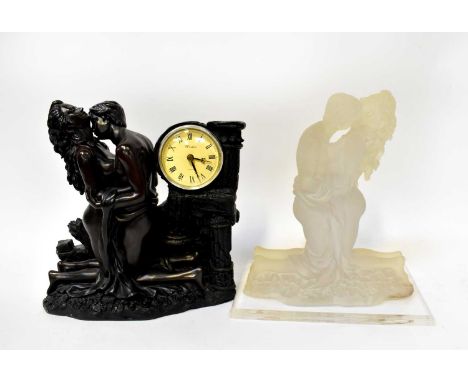 AFTER CROSA; a resin figural mantel clock depicting kneeling lovers, with quartz Windsor movement clock, also a similar frost