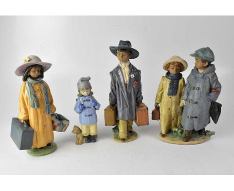LLADRÓ; three matte glazed figures of young children carrying luggage and a Nao figure of a hiker with a puppy sat by her fee