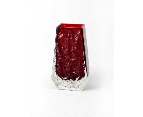 WHITEFRIARS; a ruby coffin vase, bark design, height 13cm.