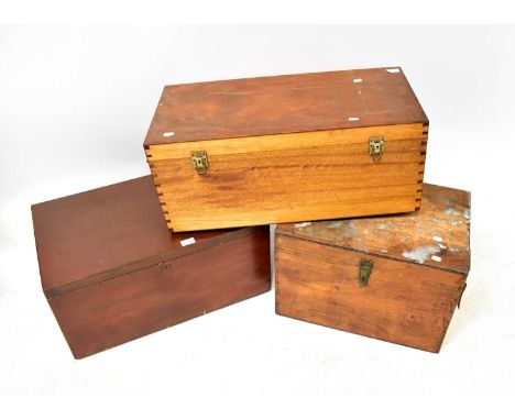 Three early/mid-20th century sailors' travel trunks, one with original 'Alfred Holt &amp; Co Blue Funnel Line' label, the int