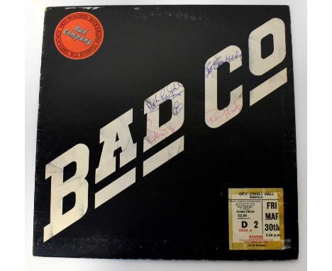BAD COMPANY; LP 'Bad Company' gatefold 1974, with original concert ticket taped to the front and bearing signatures of Mick R
