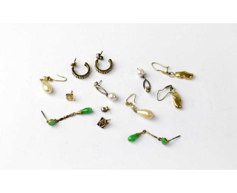 Various yellow metal and gold earrings to include Greek Key hoop earrings, 9ct gold earrings in the form of Dutch clogs, yell
