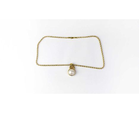An Italian rope twist necklace with faux pearl pendant, stamped 750, approx. 19.1g.