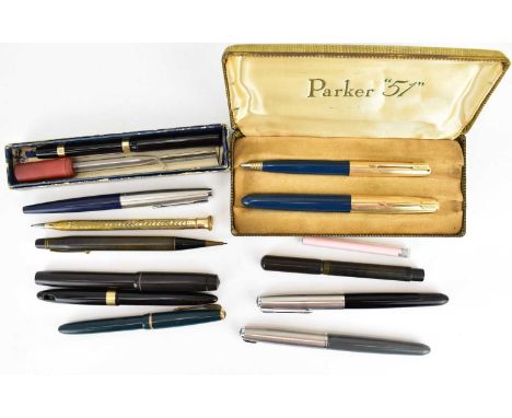 Various fountain and ballpoint pens to include a cased set of Parker 51, a boxed Watermans Ideal fountain pen, two loose Park