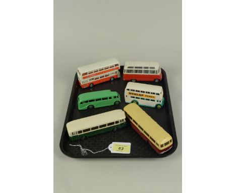 Six vintage Dinky buses and coaches (playworn condition)