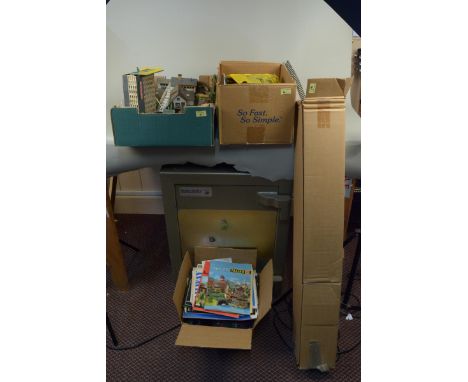 Four boxes with a large collection of vintage model railway accessories, a selection of 'N' gauge accessories, track and cont